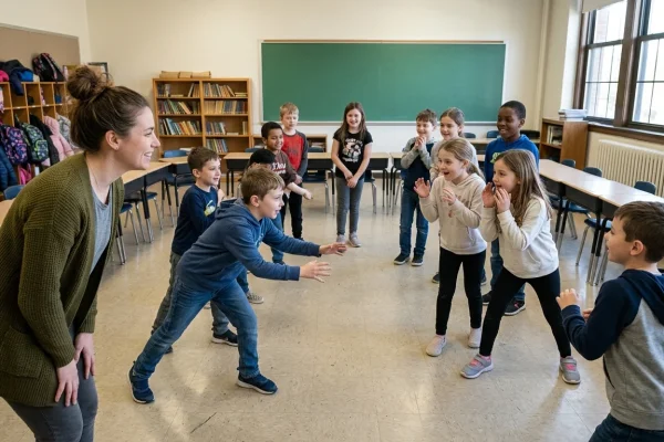 Elementary teacher leading students through an interactive creative drama storytelling exercise