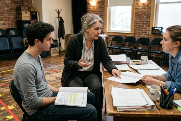 A theatre director reviewing an annotated stage production script