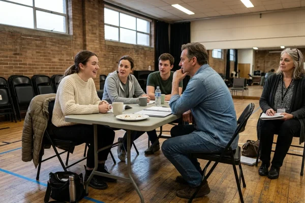 Drama students improvising during an ensemble acting workshop based on the fictional family technique