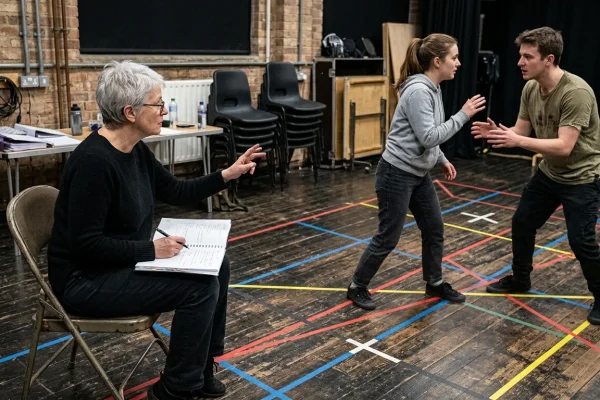 Theatre stage rehearsal notes and script illustrating direction techniques