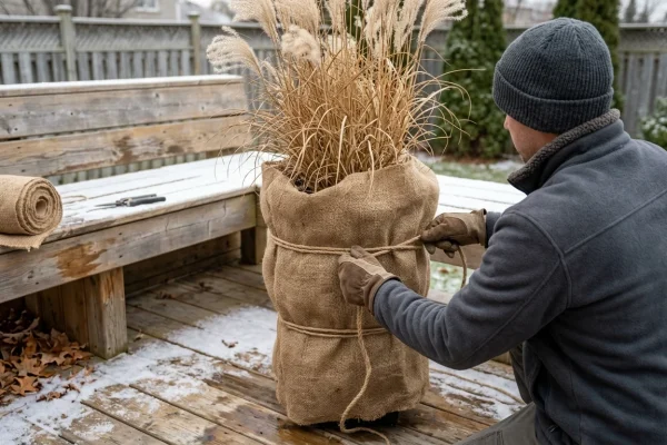 Potted ornamental grass insulated with burlap wrap against winter cold