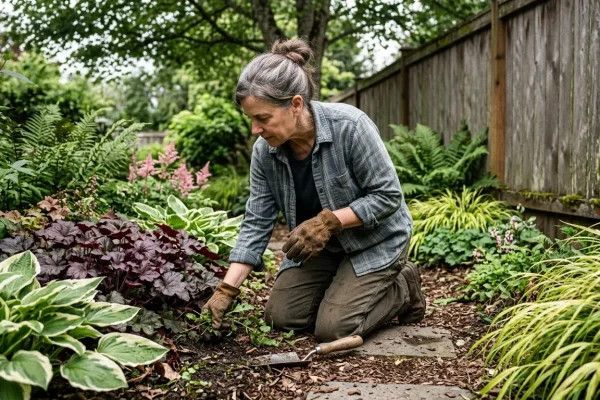 Lush perennial border featuring hostas and ferns growing along a shaded garden pathway