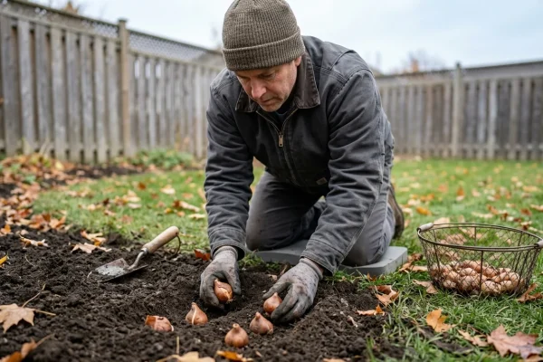 Gardener planting tulip bulbs into well-drained autumn soil in Canada