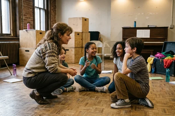 Young actors rehearsing on a stage in Montreal