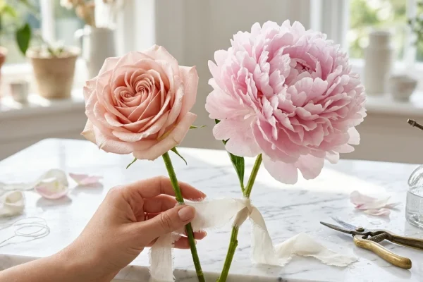Close up of lush garden roses and soft peonies arranged together in a bridal bouquet