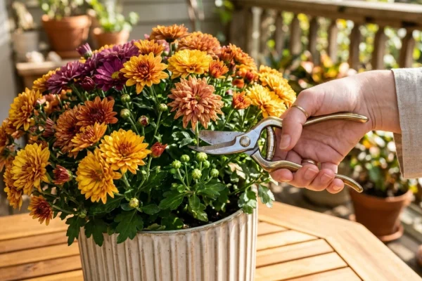 Close up of hands using floral shears to deadhead potted mums in an autumn container