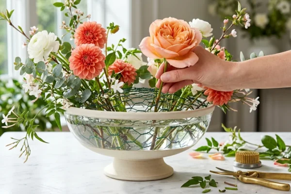 Vibrant foam-free floral centerpiece arranged in a ceramic vessel with natural greenery