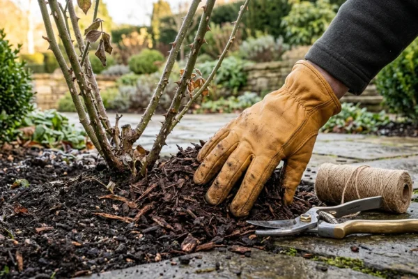 Rose bush prepared for cold winter weather with protective ground mulch