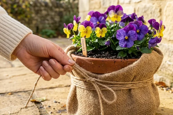Vibrant potted pansies with frost on leaves in an autumn garden container