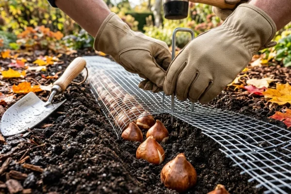 Wire mesh laid over freshly planted tulip bulbs in a garden bed