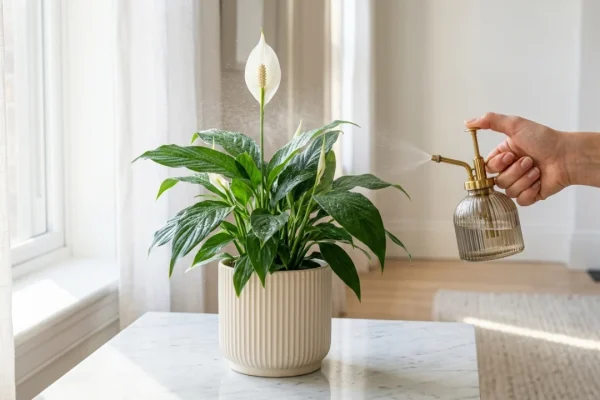 Vibrant green peace lily plant with white blooms growing in an indoor pot