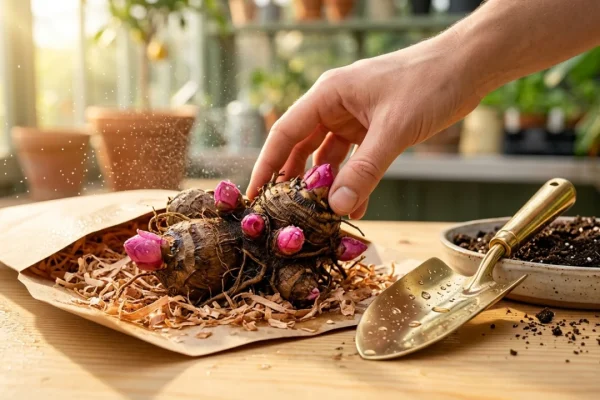 Dormant bare root peony tuber with pink growth eyes ready for fall planting