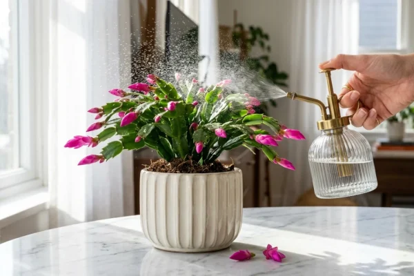 Christmas cactus with delicate pink buds forming on green segmented stems